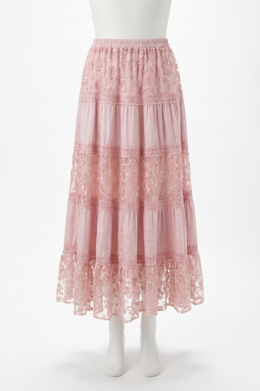 NEW LISTICLE floral embroidered tiered maxi skirt in pink